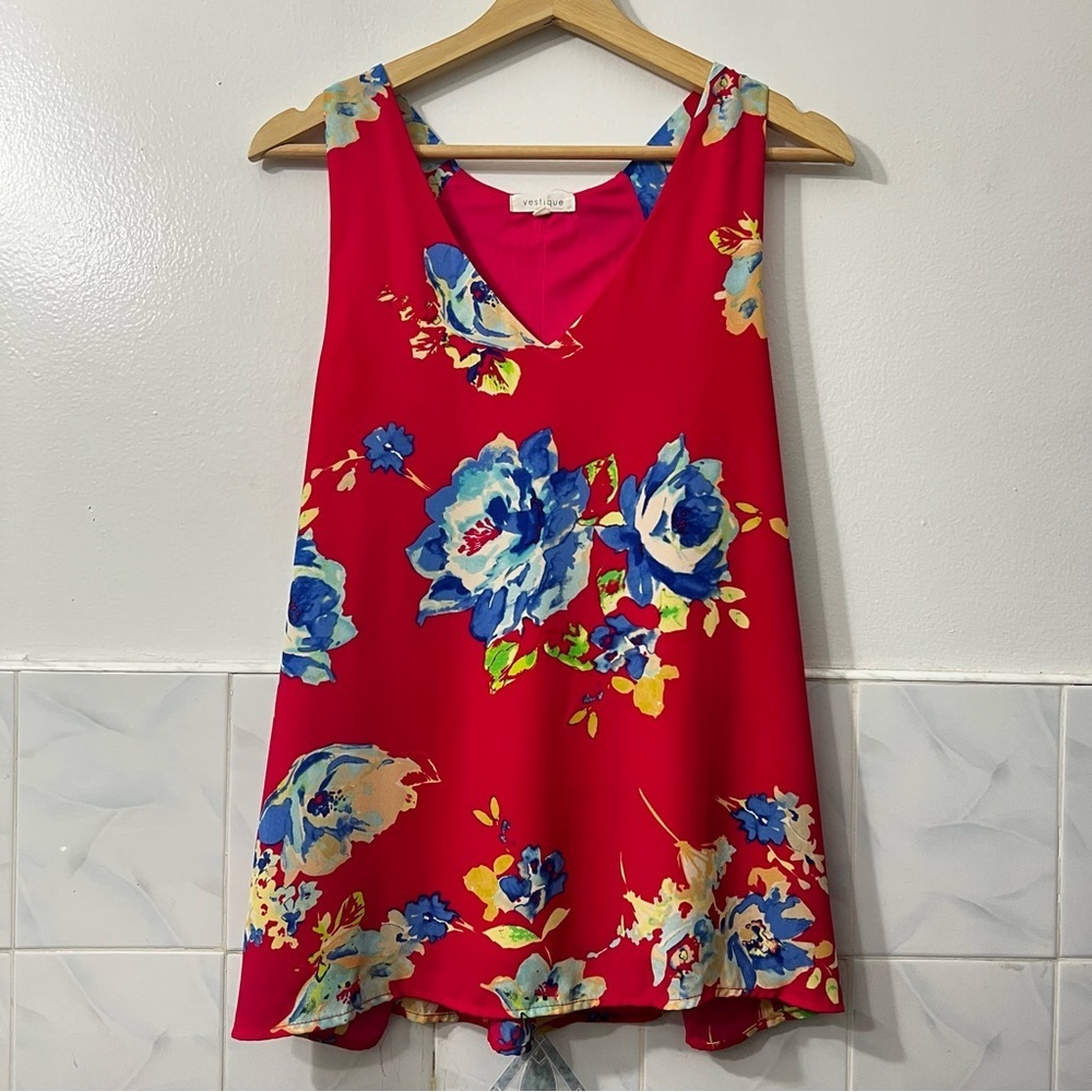 Vestique Floral V Neck Sleeveless Top Women’s L Pink Boho Feminine Barbie Chic